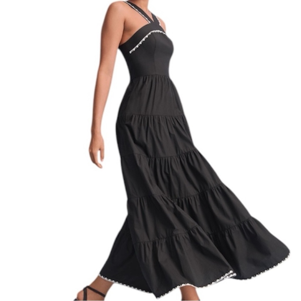 NWT Loft Tiered Maxi Dress Black Halter Smocked Back Cotton Vacation Resort 10